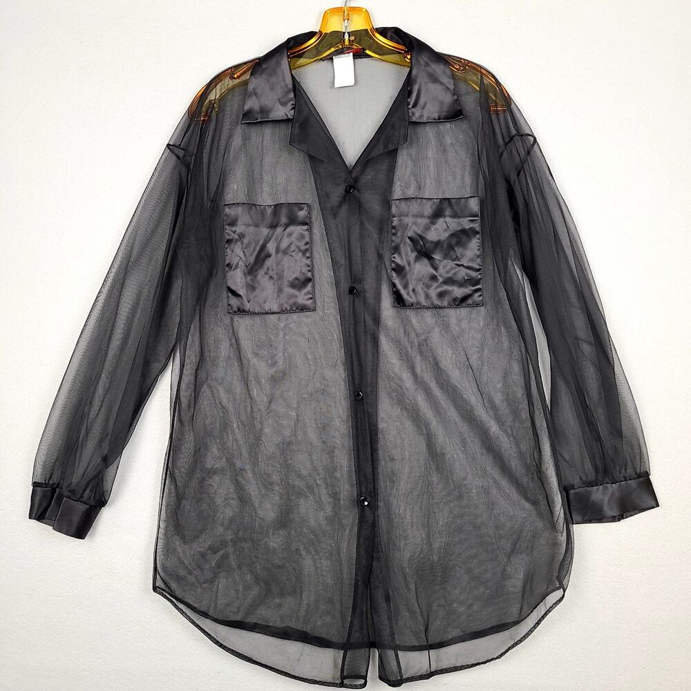 Vintage Black Sheer Satin Detail Button Front Shirt Long Sleeve Size M Sexy Goth